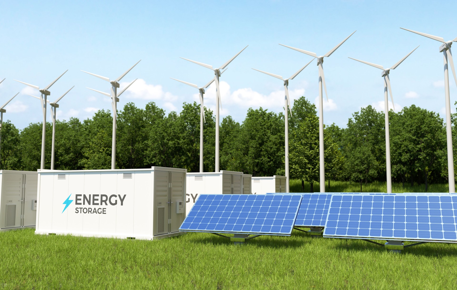 Energy storage systems with wind turbines and solar farms, Solar panels, Green alternative energy concept.