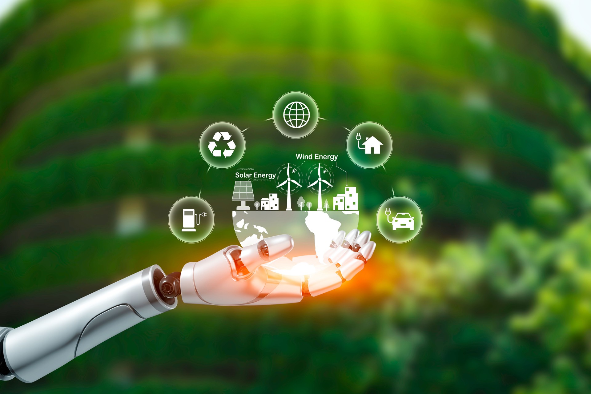 Net zero concept, robot hand touching green energy icon represents exchange of artificial intelligence. AI technology Machine learning for data analysis management for carbon and Net zero emission.